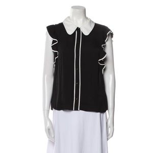 alice + olivia flounce sleeveless black and white button top